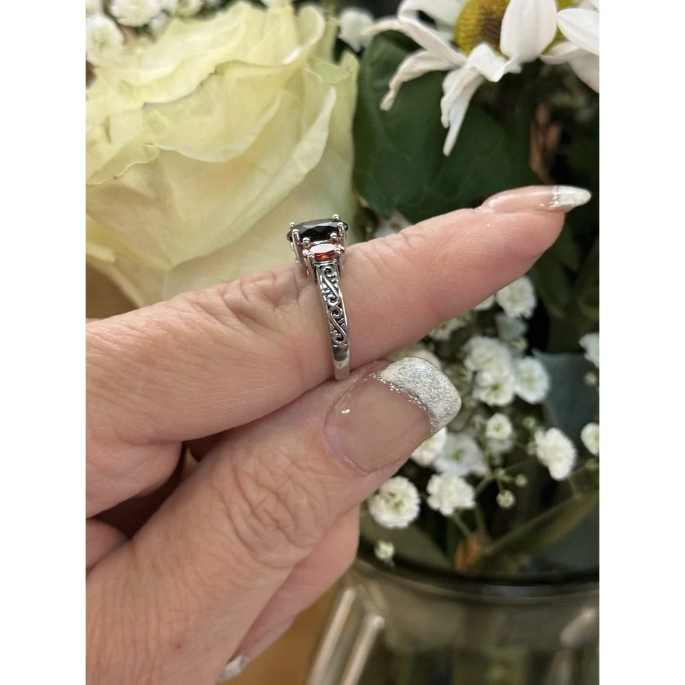 2.73 Cttw Onyx and Garnet 3 Stone‎ Ring For Women | 925 Sterling Silver |